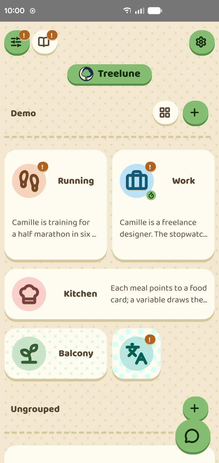 The app’s home screen in the Cosy theme
